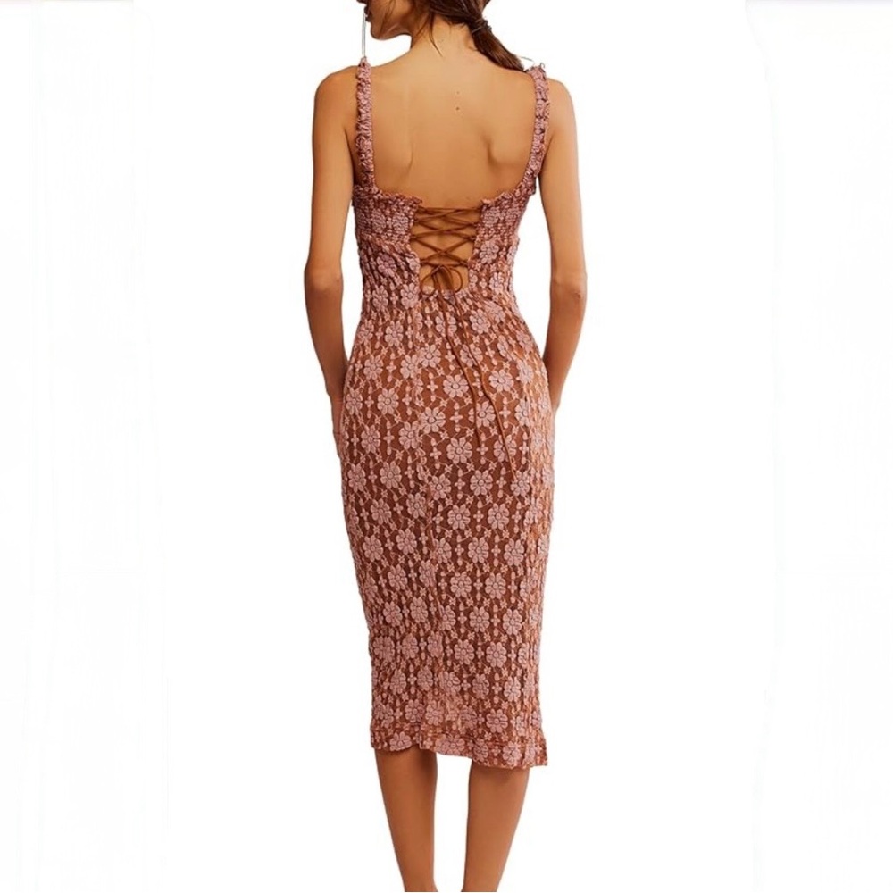 Free People Lucinda Lace Midi Dress Ginger Combo Floral Lace NWT Size L - Picture 3 of 9